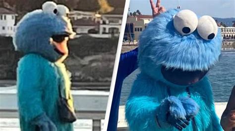 creepy cookie monster|man dressed as cookie monster.